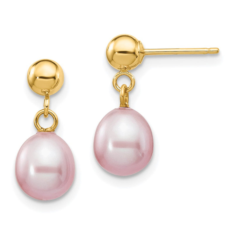 14K Yellow Gold 6 7mm Purple Rice Freshwater Cultured Pearl Post Dangle Earrings