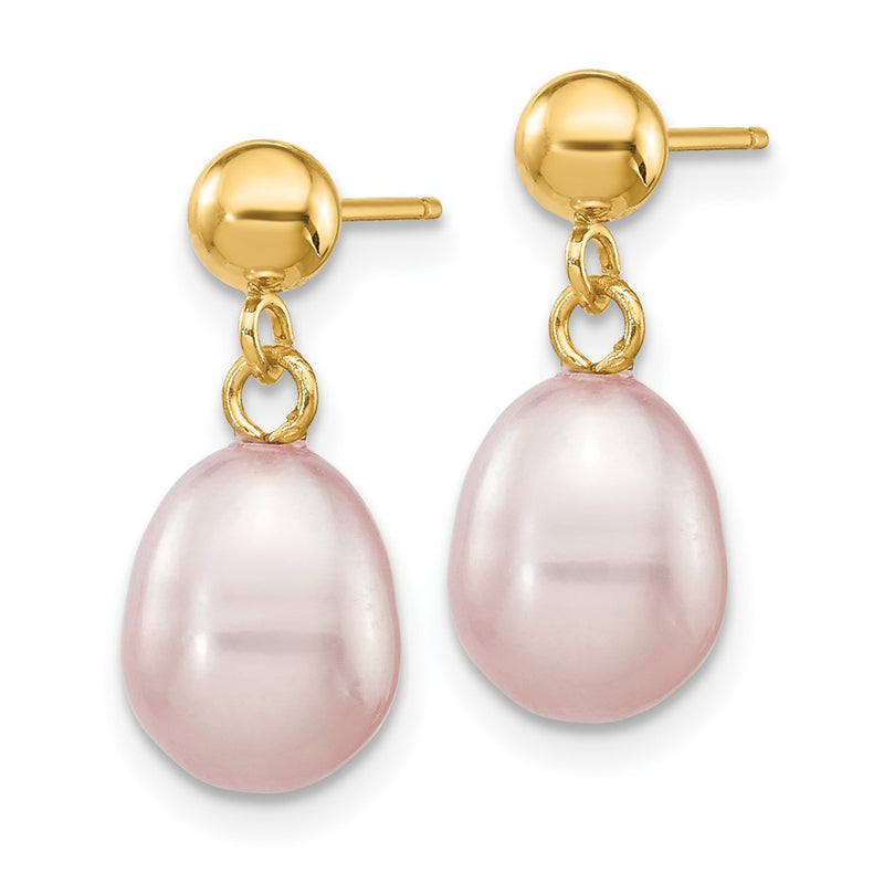 14K Yellow Gold 7 8mm Purple Rice Freshwater Cultured Pearl Post Dangle Earrings