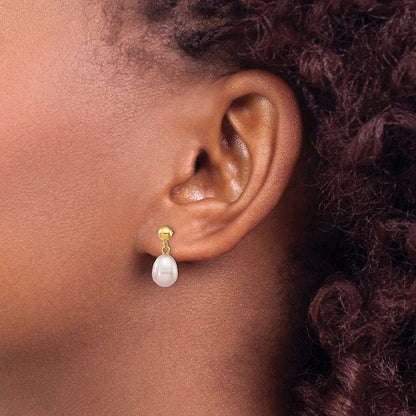 14K Yellow Gold 7 8mm Purple Rice Freshwater Cultured Pearl Post Dangle Earrings