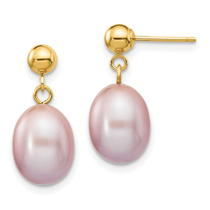 14K Yellow Gold 8 9mm Purple Rice Freshwater Cultured Pearl Post Dangle Earrings