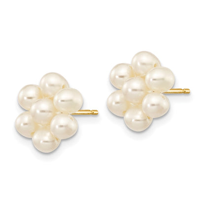 14K Yellow Gold 3 4mm White Egg Freshwater Cultured Pearl Flower Earrings