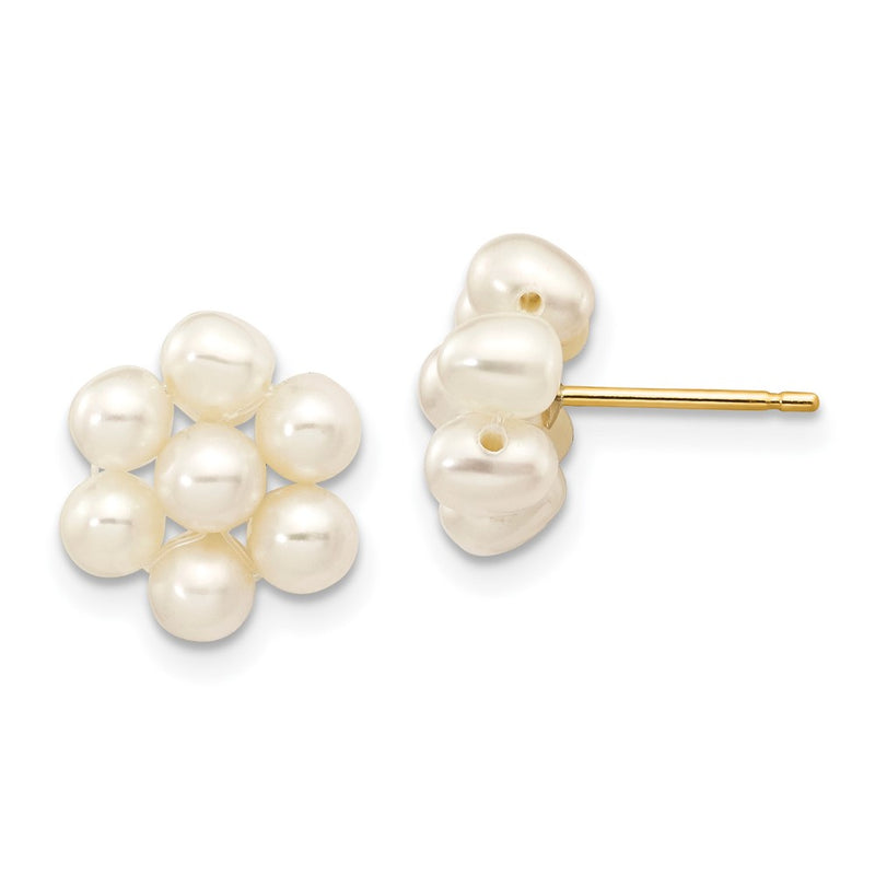 14K Yellow Gold 3 4mm White Egg Freshwater Cultured Pearl Flower Earrings