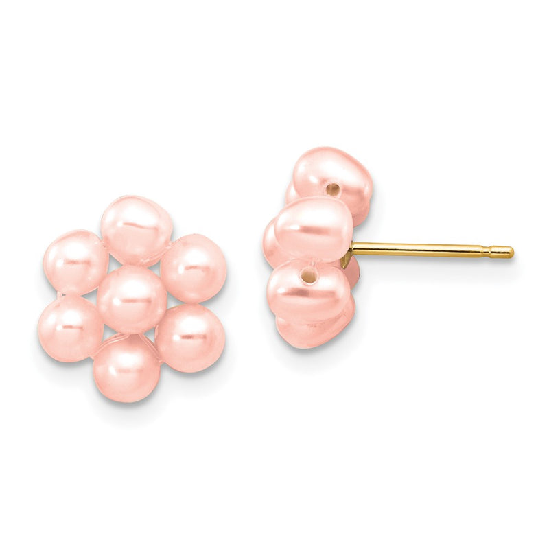 14K Yellow Gold 3 4mm Pink Egg Freshwater Cultured Pearl Flower Earrings