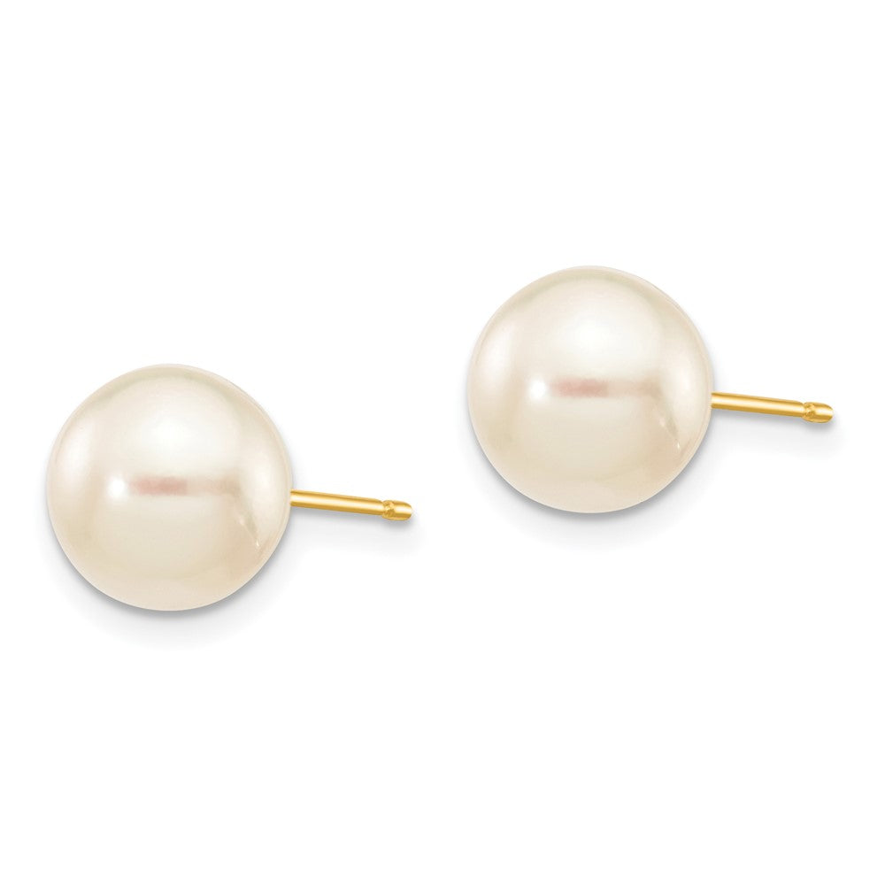 14K Yellow Gold 8 9mm White Round Akoya Saltwater Cultured Pearl Stud Post Earrings