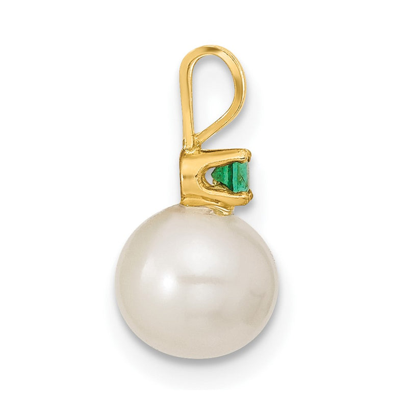14k Yellow Gold 14k 7-8mm White Round Freshwater Cultured Pearl and .21EM Emerald Post Earrings and Pendant Set