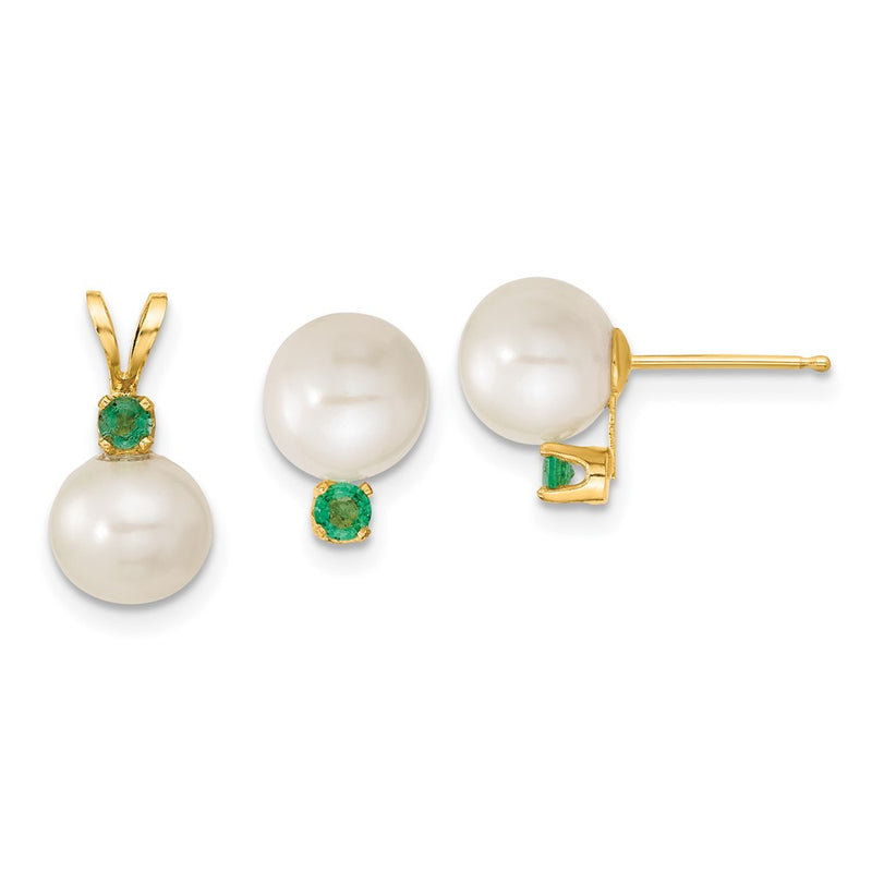 14k Yellow Gold 14k 7-8mm White Round Freshwater Cultured Pearl and .21EM Emerald Post Earrings and Pendant Set
