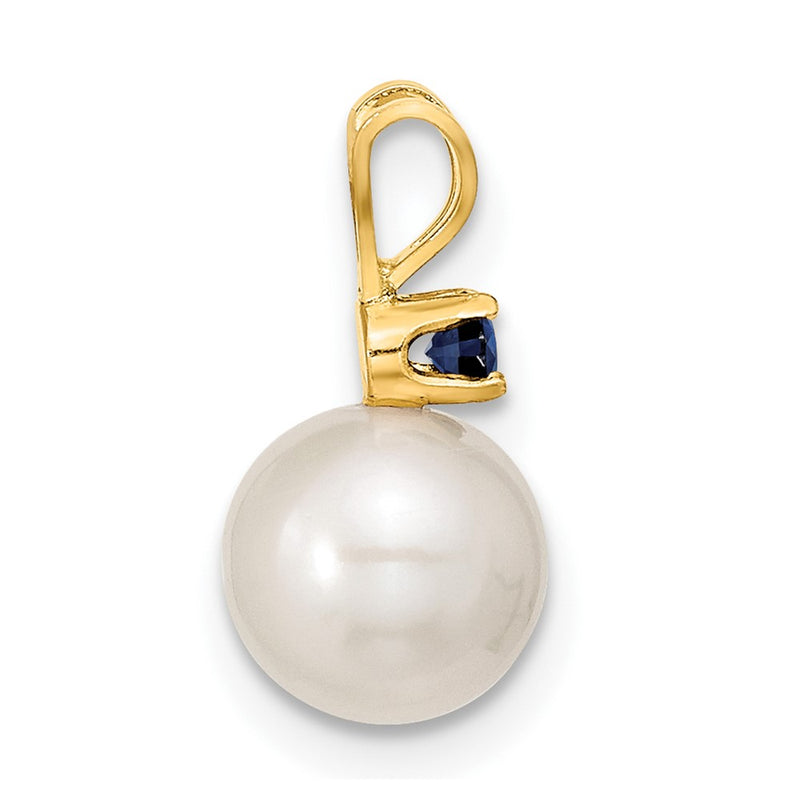 14k Yellow Gold 14k 7-8mm White Round Freshwater Cultured Pearl and .30SA Sapphire Post Earrings and Pendant Set