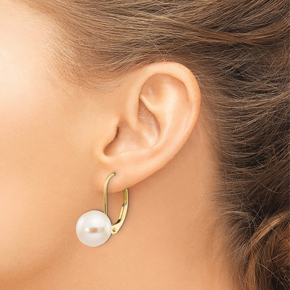 14K Yellow Gold 8 9mm White Round Freshwater Cultured Pearl Leverback Earrings