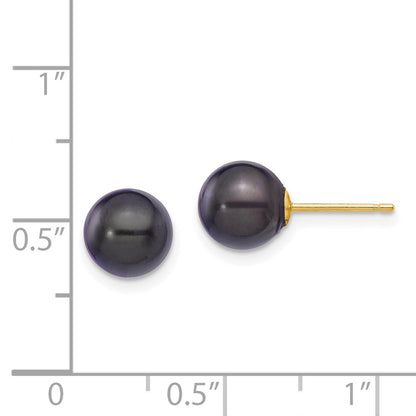 14K Yellow Gold 7 8mm Black Round Akoya Saltwater Cultured Pearl Post Earrings