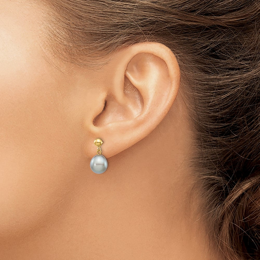 14K Yellow Gold 8 9mm Grey Rice Freshwater Cultured Pearl Post Dangle Earrings