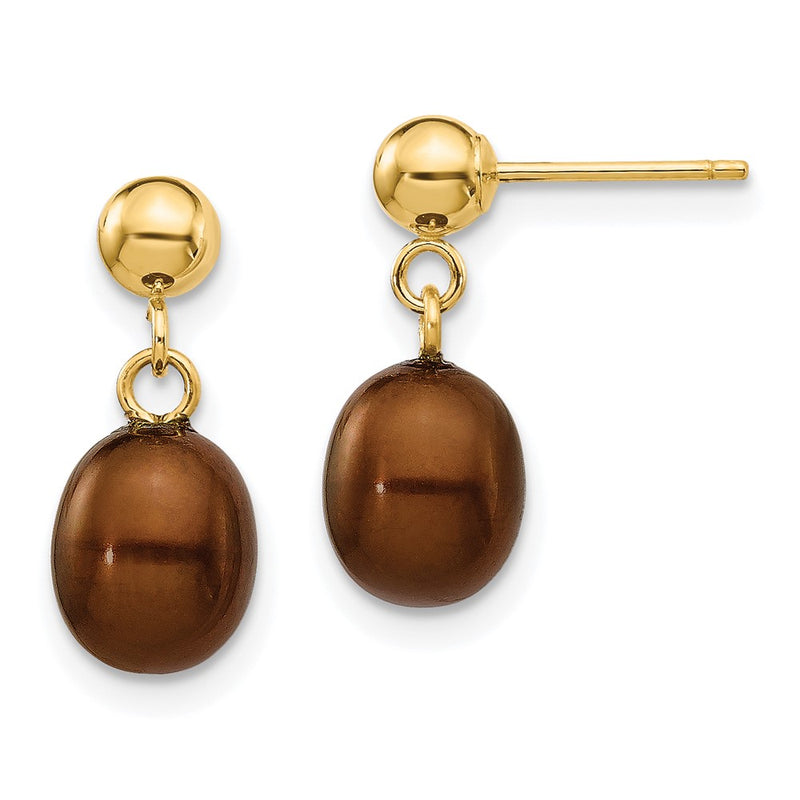 14K Yellow Gold 6 7mm Brown Rice Freshwater Cultured Pearl Post Dangle Earrings