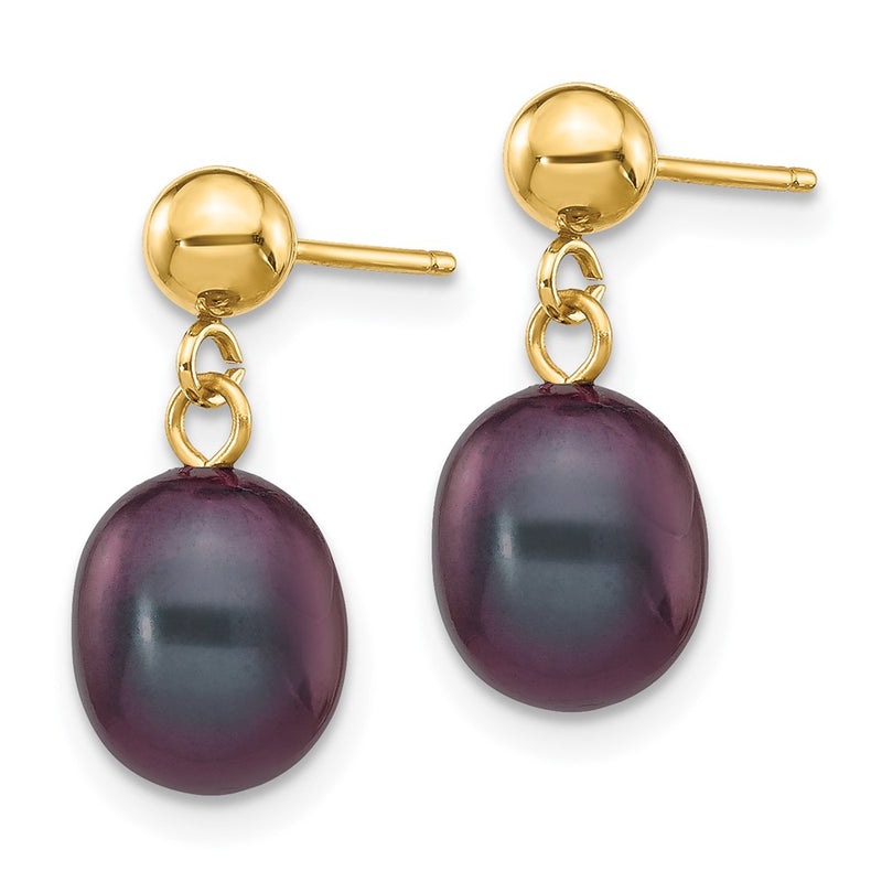 14K Yellow Gold 7 8mm Black Rice Freshwater Cultured Pearl Post Dangle Earrings