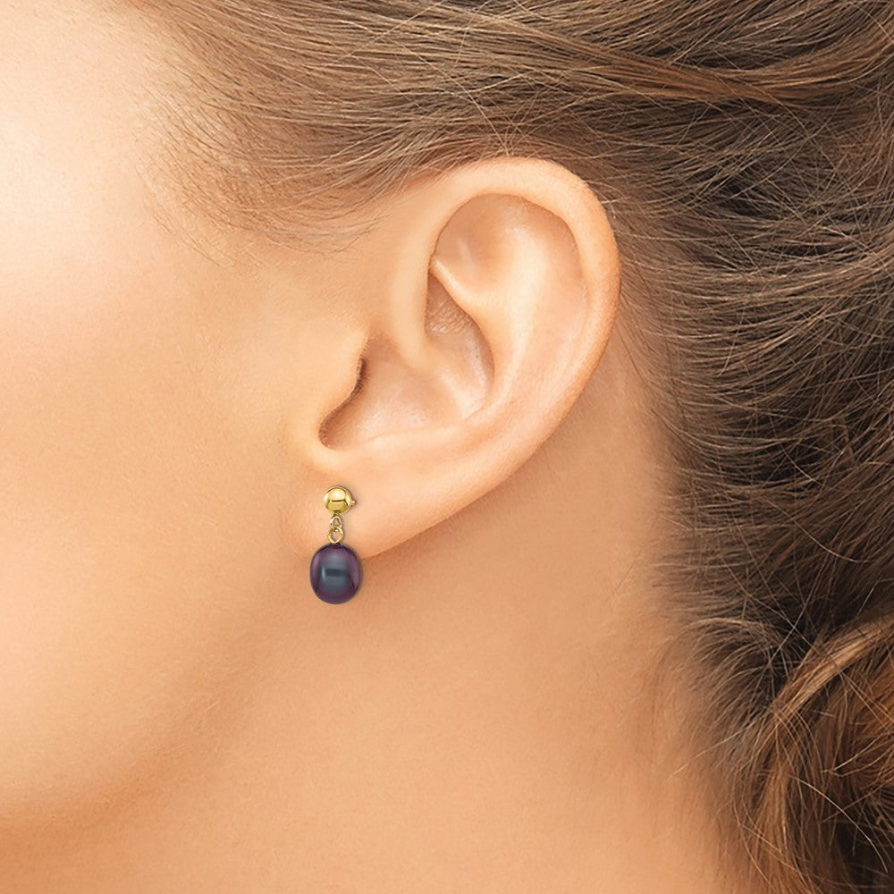 14K Yellow Gold 7 8mm Black Rice Freshwater Cultured Pearl Post Dangle Earrings