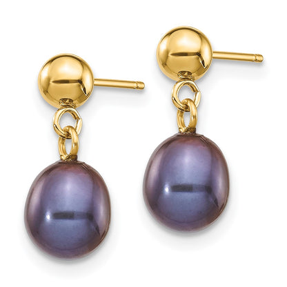 14K Yellow Gold 6 7mm Black Rice Freshwater Cultured Pearl Post Dangle Earrings