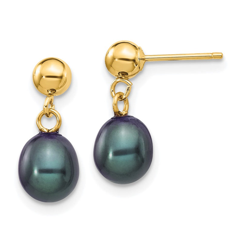 14K Yellow Gold 6 7mm Black Rice Freshwater Cultured Pearl Post Dangle Earrings