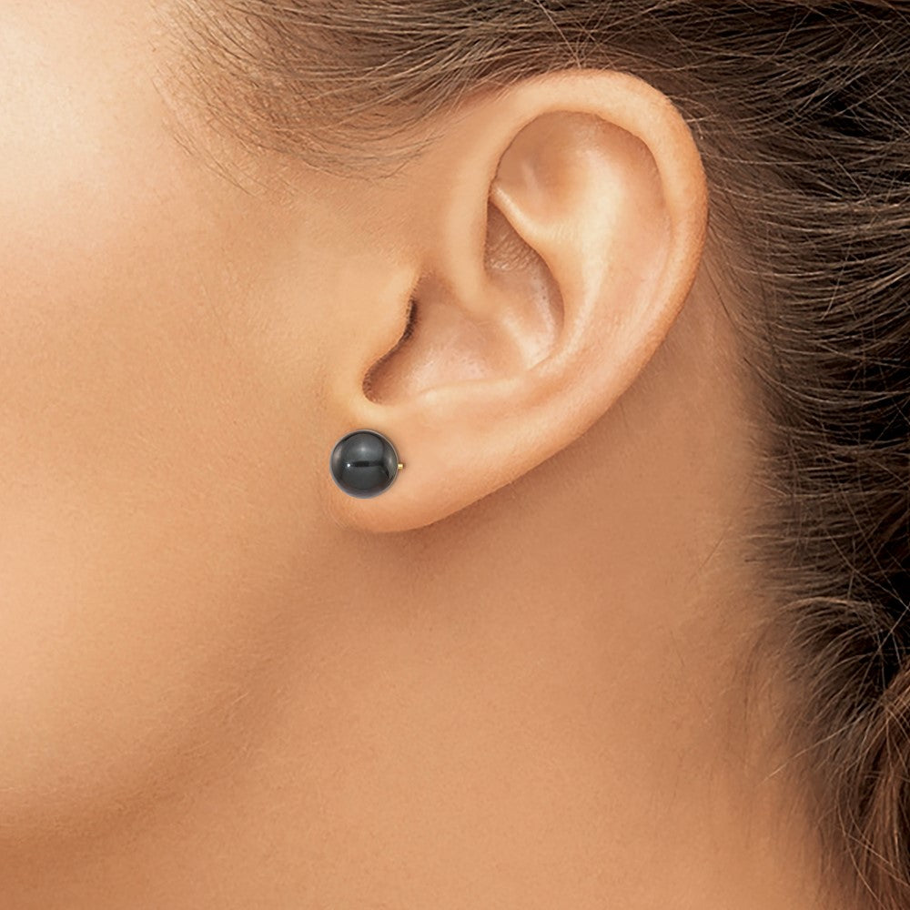 14K Yellow Gold 8 9mm Black Round Akoya Saltwater Cultured Pearl Post Earrings