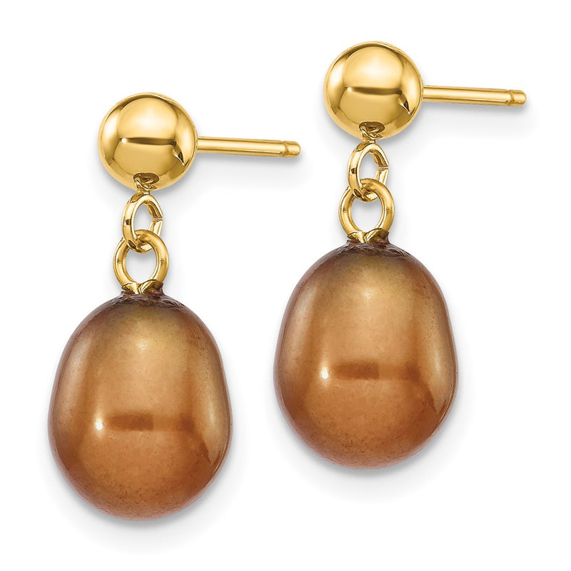 14K Yellow Gold 7 8mm Brown Rice Freshwater Cultured Pearl Post Dangle Earrings