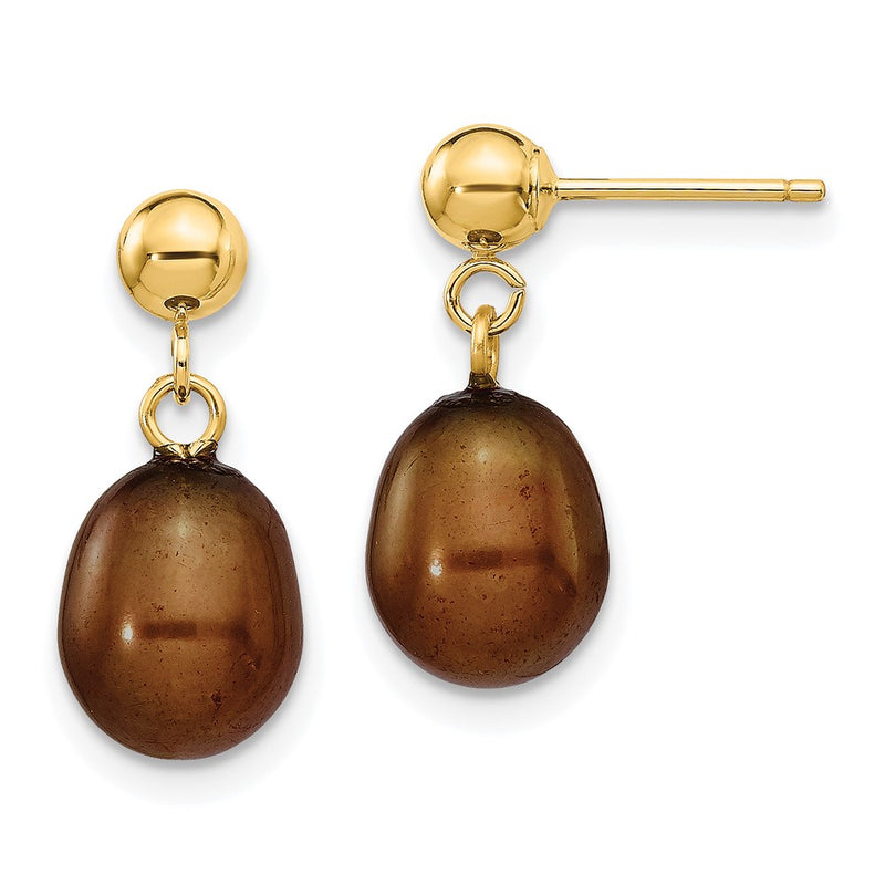 14K Yellow Gold 7 8mm Brown Rice Freshwater Cultured Pearl Post Dangle Earrings