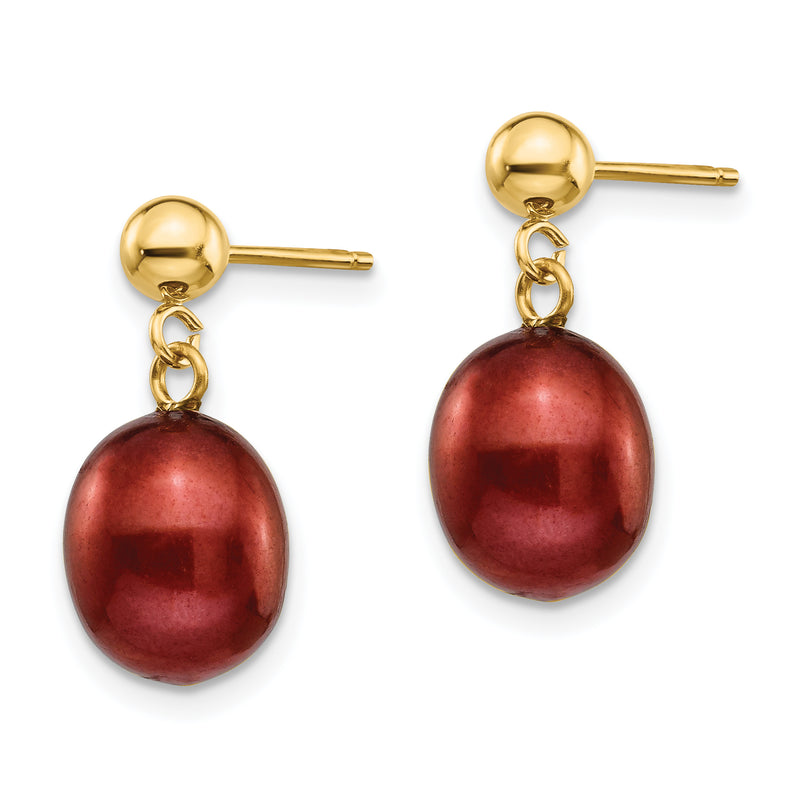 14K Yellow Gold 8 9mm Brown Freshwater Cultured Pearl Post Dangle Earrings