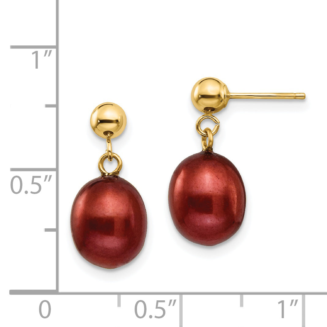 14K Yellow Gold 8 9mm Brown Freshwater Cultured Pearl Post Dangle Earrings