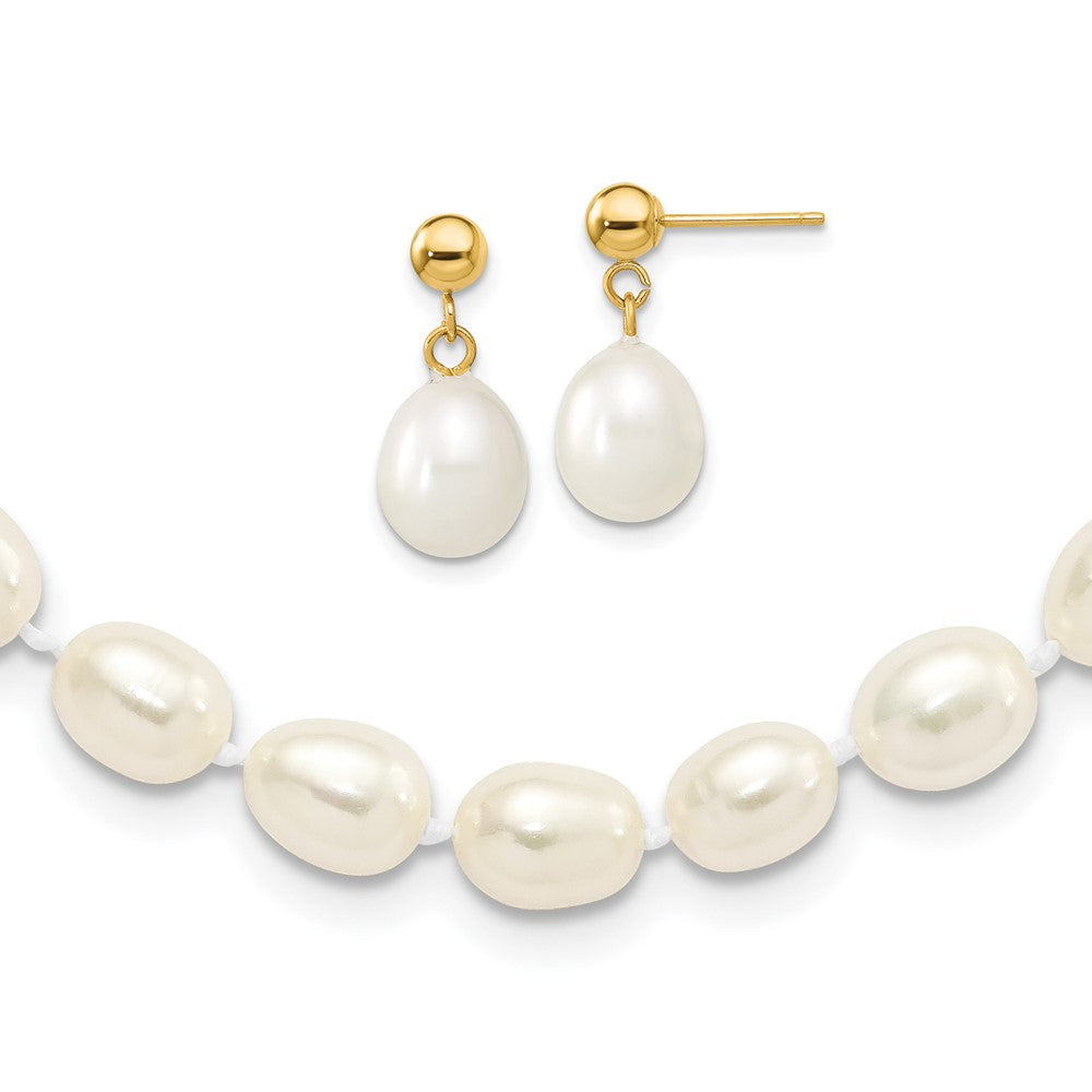14K Yellow Gold 7-8mm Rice Freshwater Cultured Pearl 18 In. Necklace & Post Earring Set