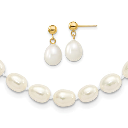 14K Yellow Gold 7-8mm Rice Freshwater Cultured Pearl 18 In. Necklace & Post Earring Set