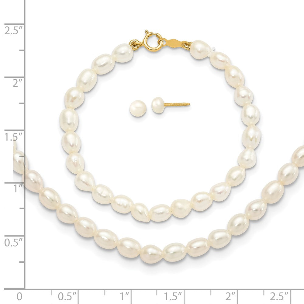 14K Yellow Gold White Freshwater Cultured Pearl 14 In. Necklace, 5 In. Bracelet & Earring Set