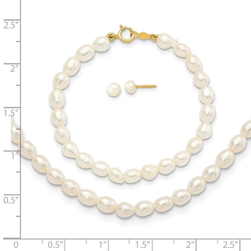 14K Yellow Gold White Freshwater Cultured Pearl 14 In. Necklace, 5 In. Bracelet & Earring Set