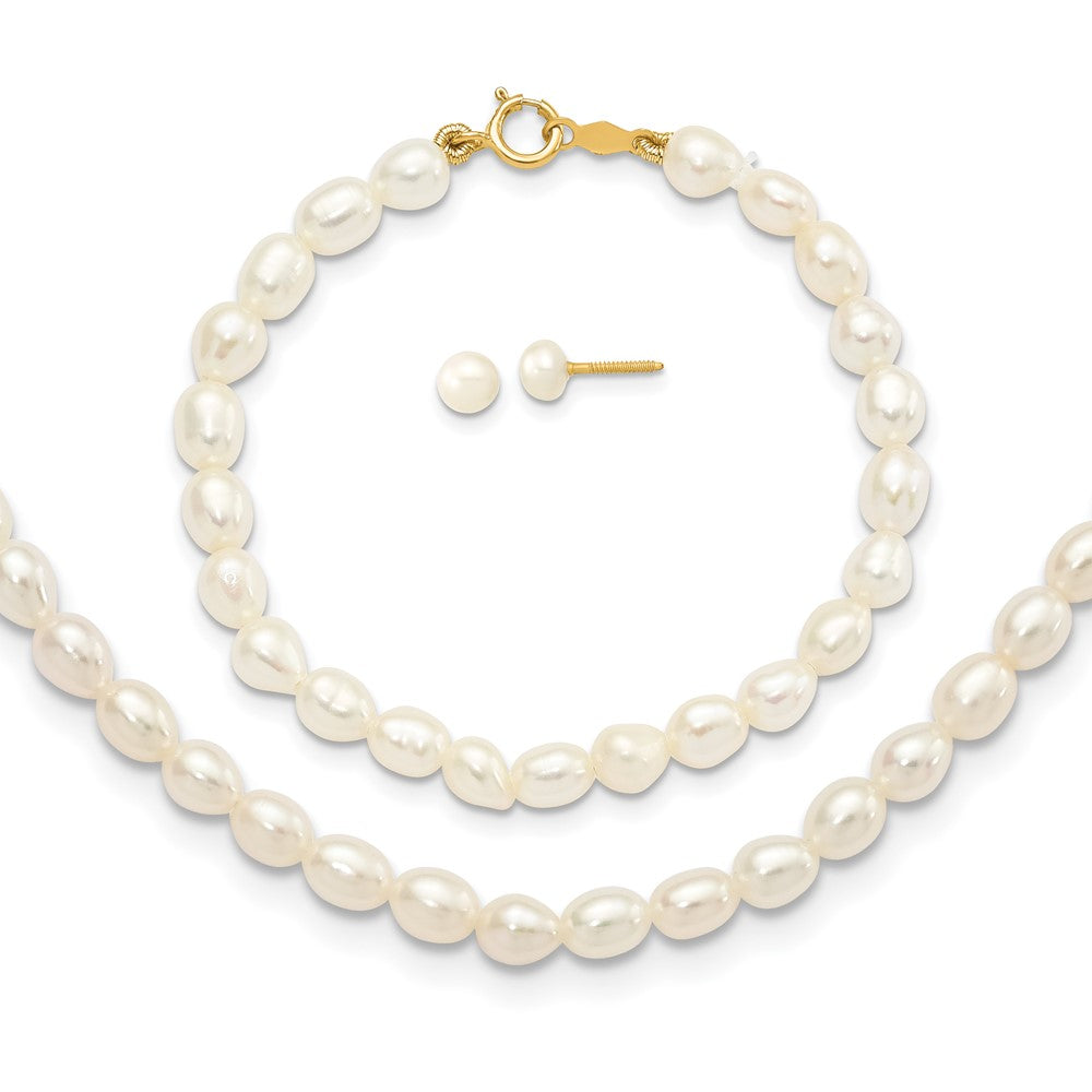 14K Yellow Gold White Freshwater Cultured Pearl 14 In. Necklace, 5 In. Bracelet & Earring Set