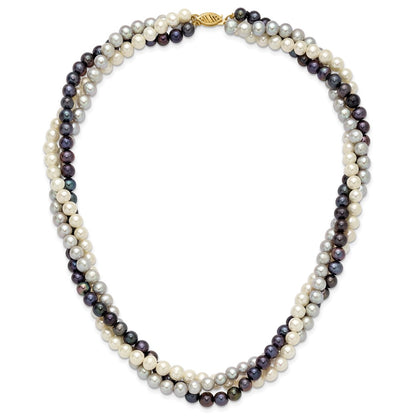 14K Yellow Gold 6-7mm Multicolor Freshwater Cultured Pearl 3-strand Necklace