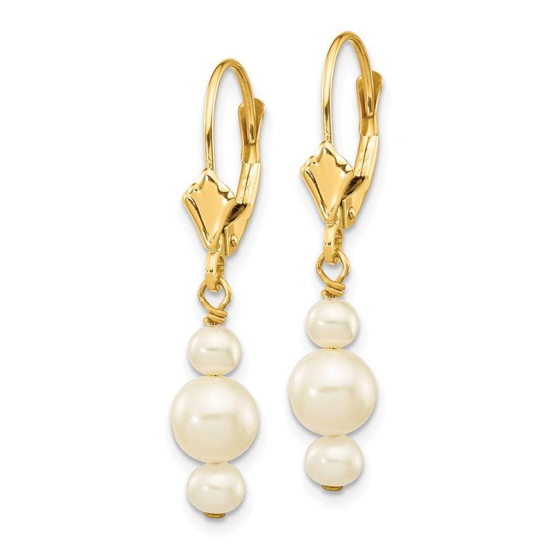 14K Yellow Gold 3 3.5mm And 5 5.5mm White Semi Round Freshwater Cultured Pearl Dangle Leverback Earrings