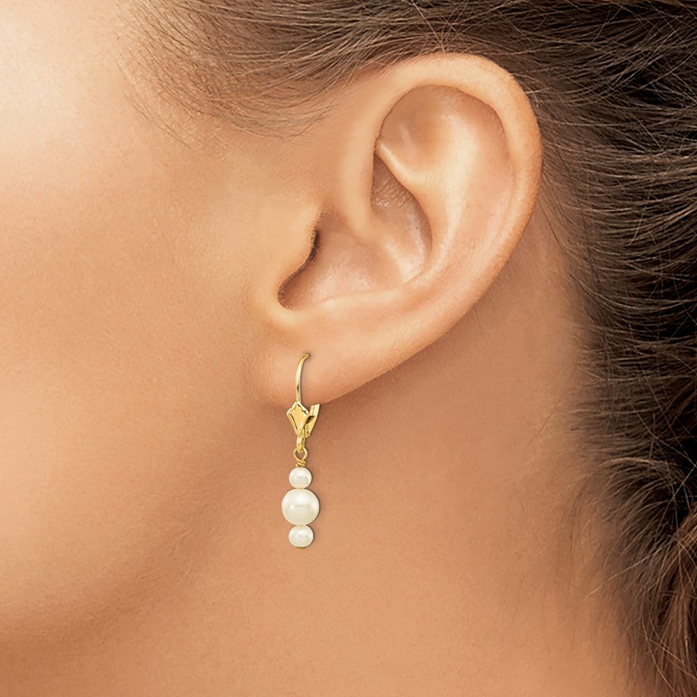 14K Yellow Gold 3 3.5mm And 5 5.5mm White Semi Round Freshwater Cultured Pearl Dangle Leverback Earrings