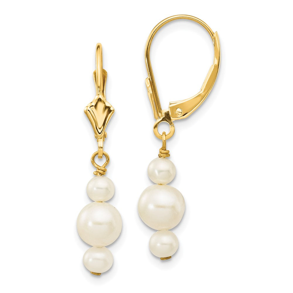 14K Yellow Gold 3 3.5mm And 5 5.5mm White Semi Round Freshwater Cultured Pearl Dangle Leverback Earrings