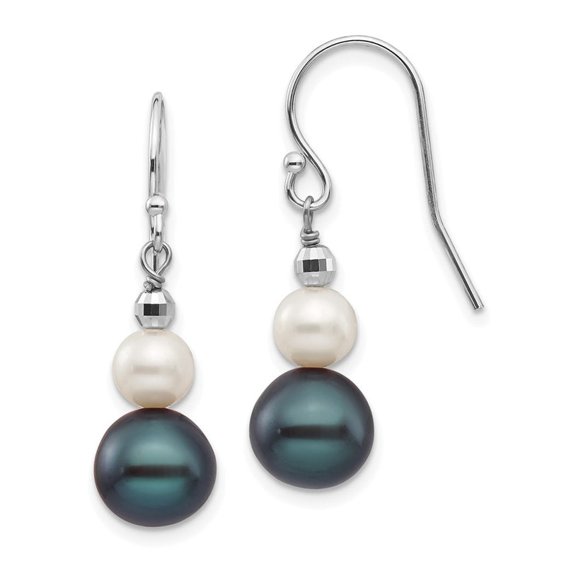14K White Gold 6 9mm Black And Semi Round Freshwater Cultured Pearl Graduated Dangle Earrings