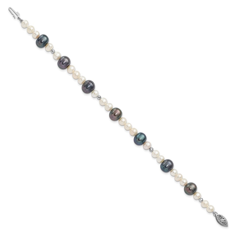 14K White Gold Black And Semi Round Freshwater Cultured Mirror Bead 7.5 Inch Bracelet