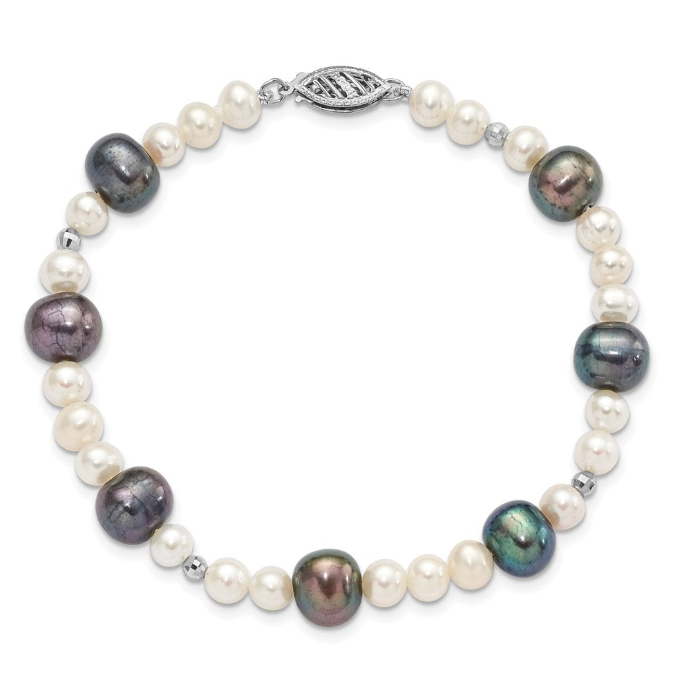14K White Gold Black And Semi Round Freshwater Cultured Mirror Bead 7.5 Inch Bracelet