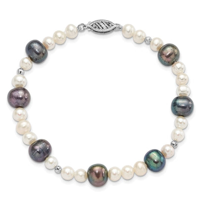 14K White Gold Black And Semi Round Freshwater Cultured Mirror Bead 7.5 Inch Bracelet