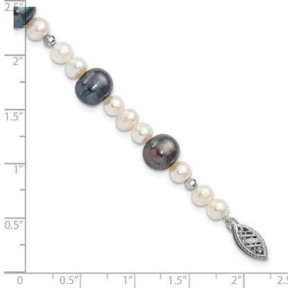 14K White Gold Black And Semi Round Freshwater Cultured Mirror Bead 7.5 Inch Bracelet