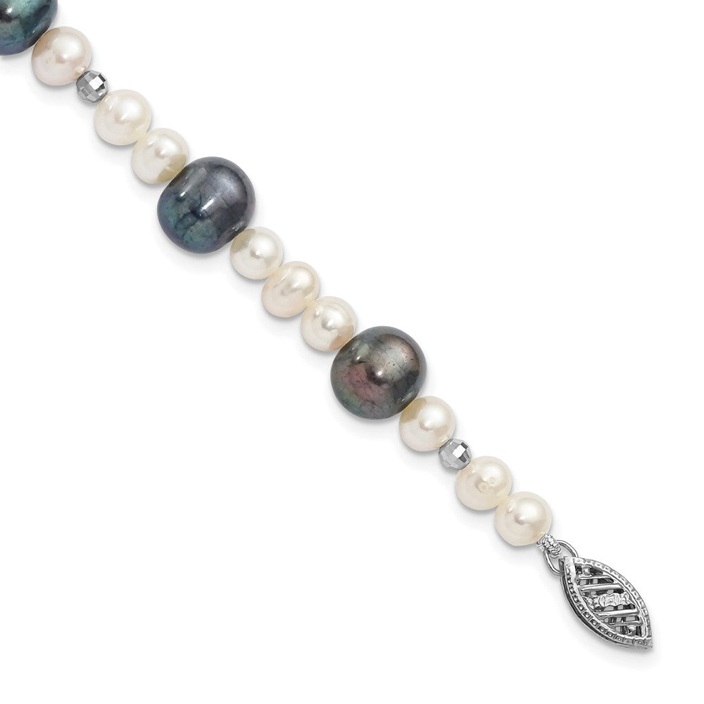 14K White Gold Black And Semi Round Freshwater Cultured Mirror Bead 7.5 Inch Bracelet
