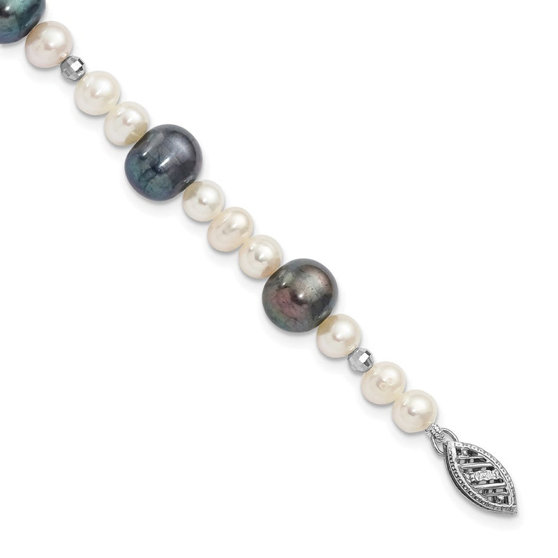 14K White Gold Black And Semi Round Freshwater Cultured Mirror Bead 7.5 Inch Bracelet