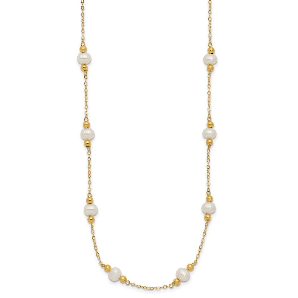 14K Yellow Gold 5 6mm White Near Round Freshwater Cultured Pearl Beaded 12 Station 18 Inch Necklace