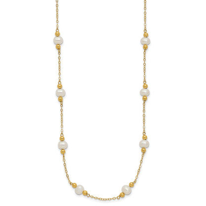 14K Yellow Gold 5 6mm White Near Round Freshwater Cultured Pearl Beaded 12 Station 18 Inch Necklace