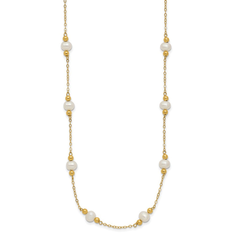 14K Yellow Gold 5 6mm White Near Round Freshwater Cultured Pearl Beaded 12 Station 18 Inch Necklace