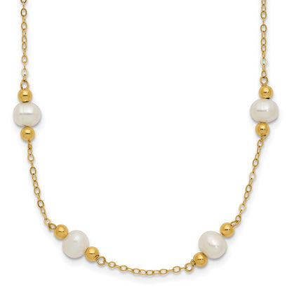 14K Yellow Gold 5 6mm White Near Round Freshwater Cultured Pearl Beaded 12 Station 18 Inch Necklace