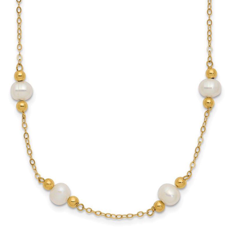 14K Yellow Gold 5 6mm White Near Round Freshwater Cultured Pearl Beaded 12 Station 18 Inch Necklace