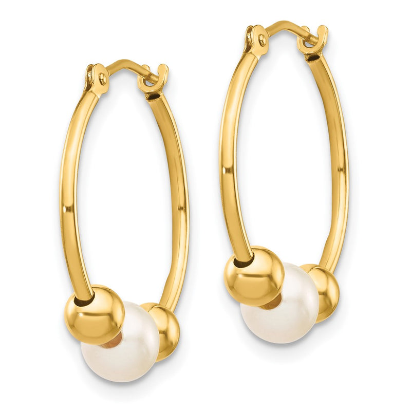 14K Yellow Gold 5 6mm White Semi Round Freshwater Cultured Pearl Polished Hoop Earring