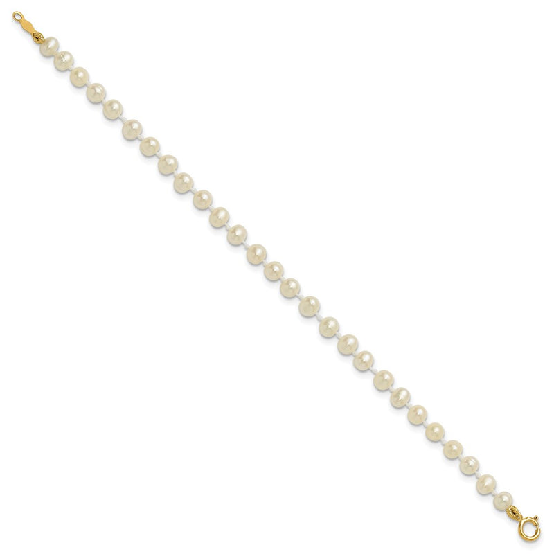 14K Yellow Gold 3 4mm White Semi Round Freshwater Cultured Pearl 5 Inch Bracelet