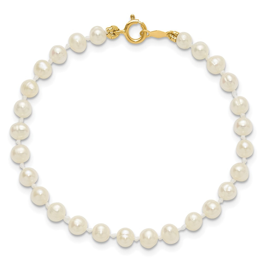 14K Yellow Gold 3 4mm White Semi Round Freshwater Cultured Pearl 4 Inch Bracelet