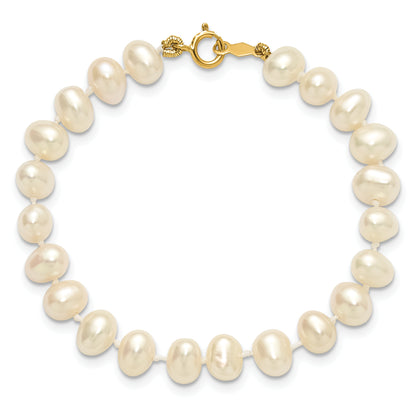 14K Yellow Gold 5 6mm White Semi Round Freshwater Cultured Pearl Inch Bracelet