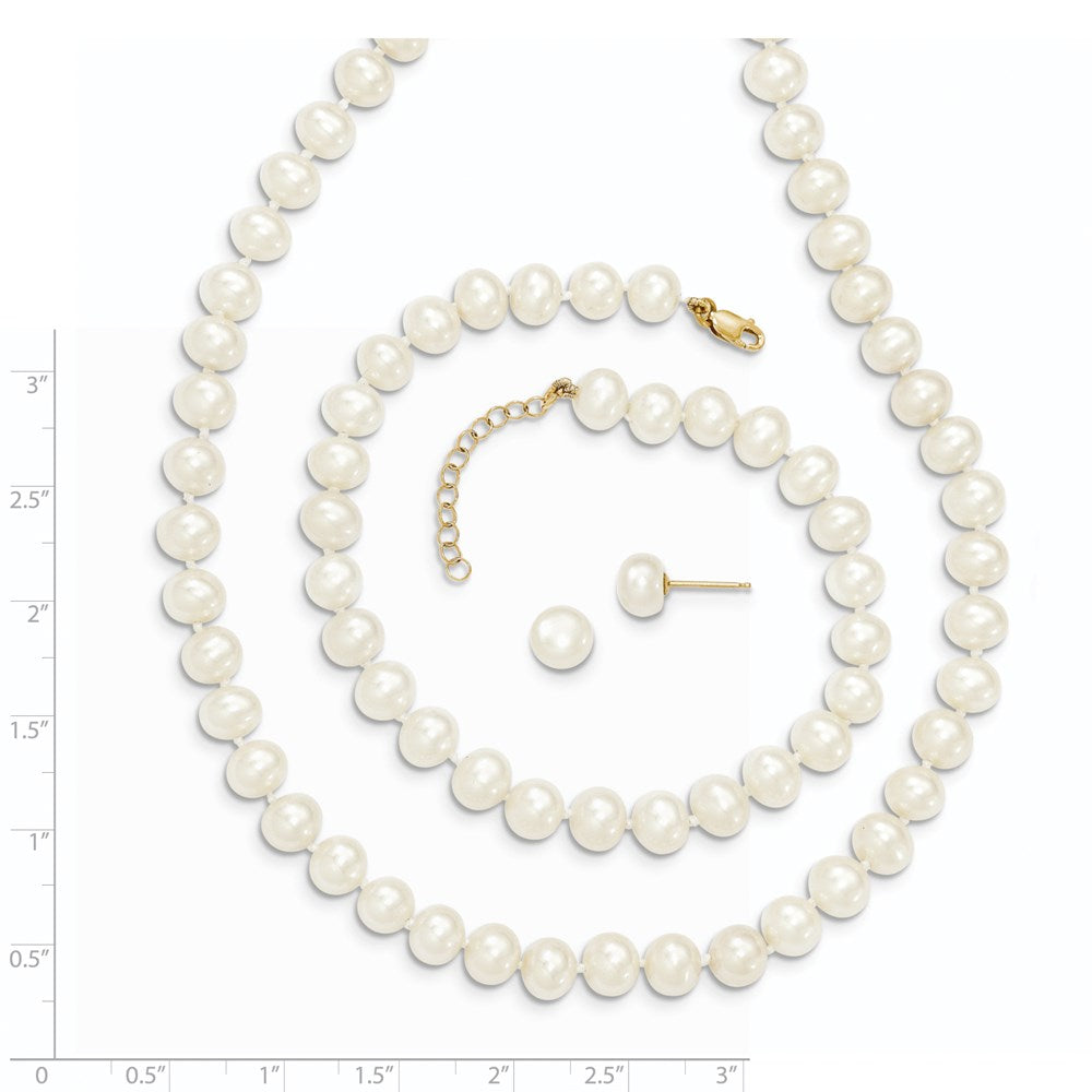 14K Yellow Gold 6-7mm Freshwater Cultured Pearl 7.25 w/1 Ext Brace 18 w/2 Ext Neck Earring Set